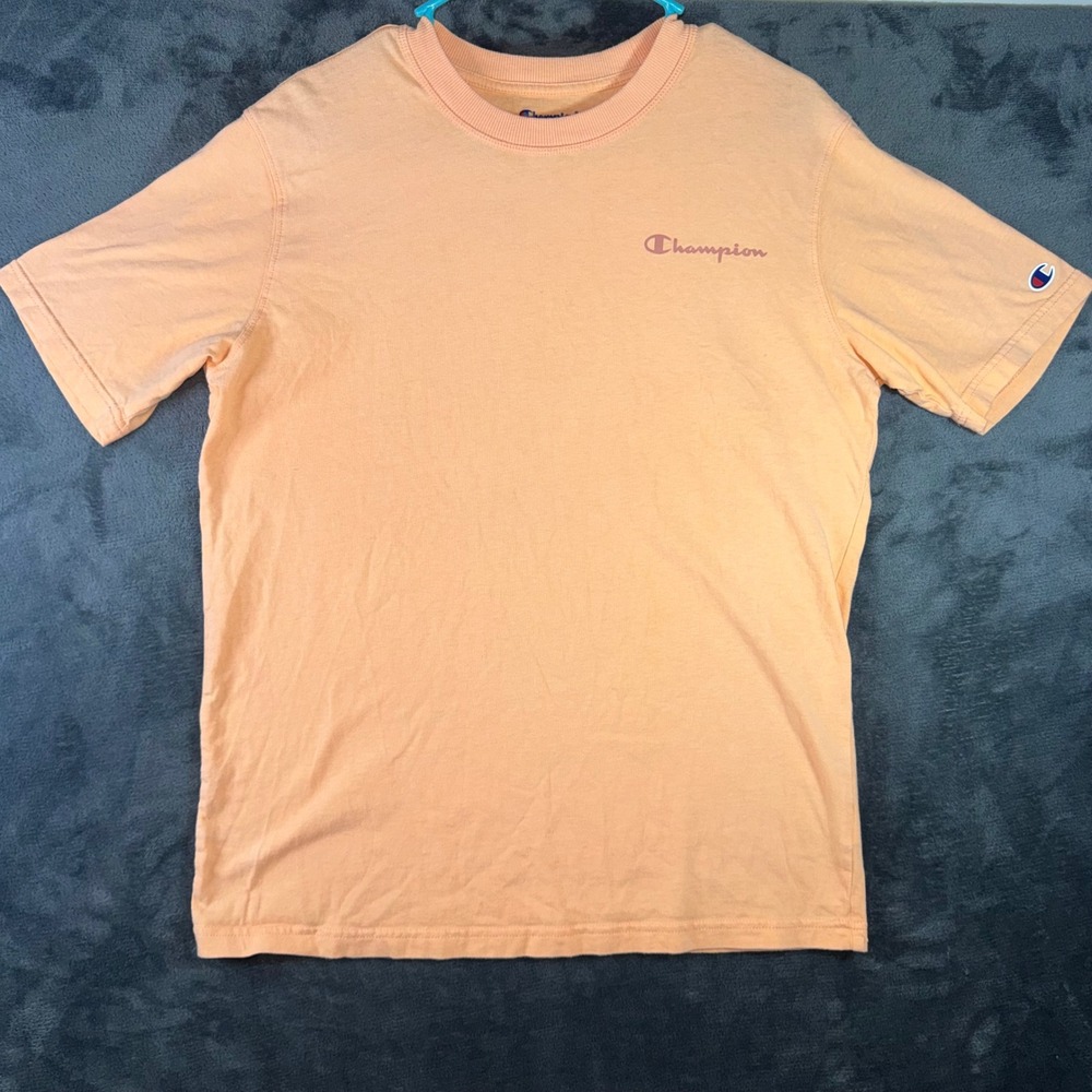 Men Medium Champion T-Shirt Orange Excellent Script Logo Short Sleeve Tee